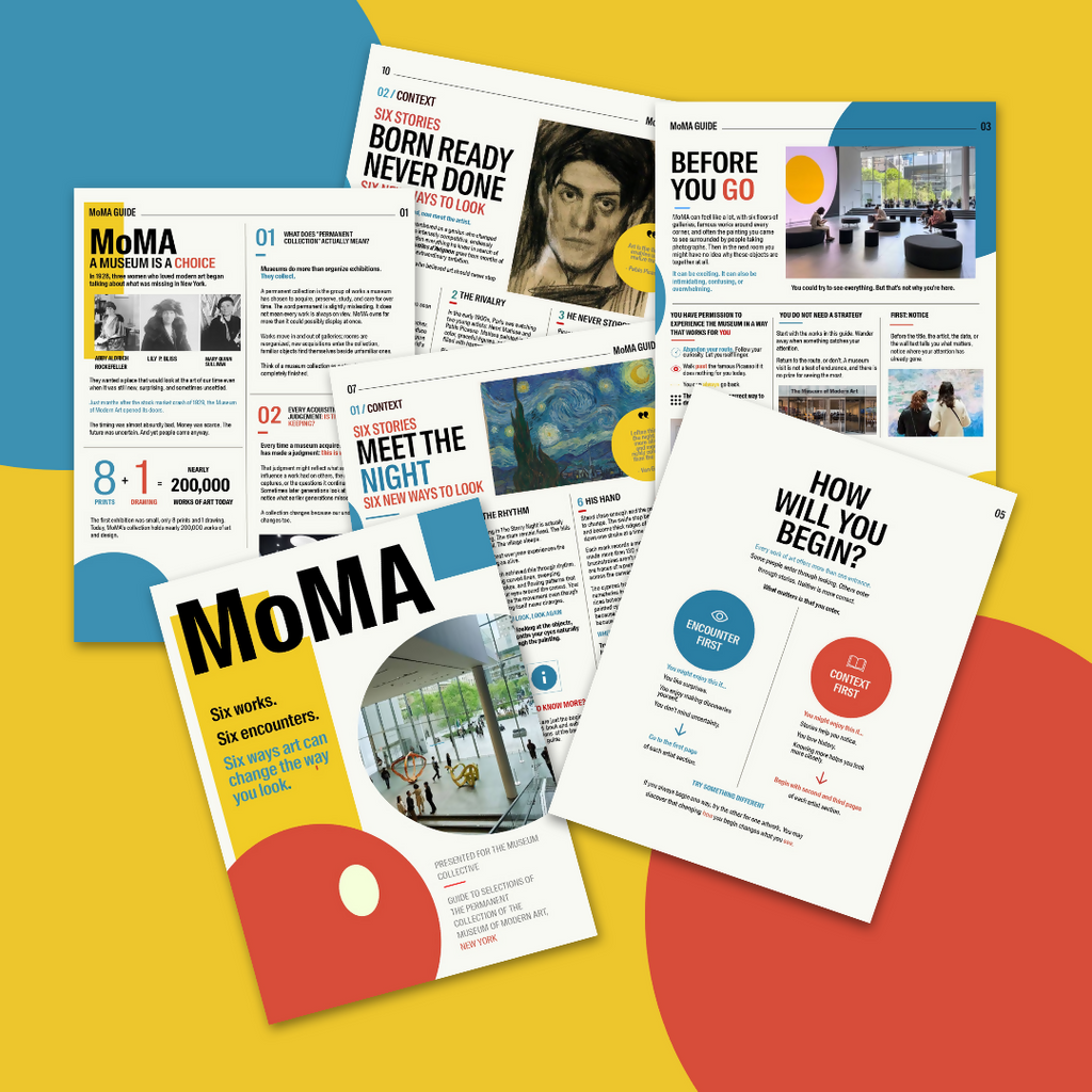 A set of printed MoMA promotional materials arranged on a graphic yellow and blue background. The materials include a large brochure, a smaller leaflet, and a one-pager titled 'How Will You Begin?'.